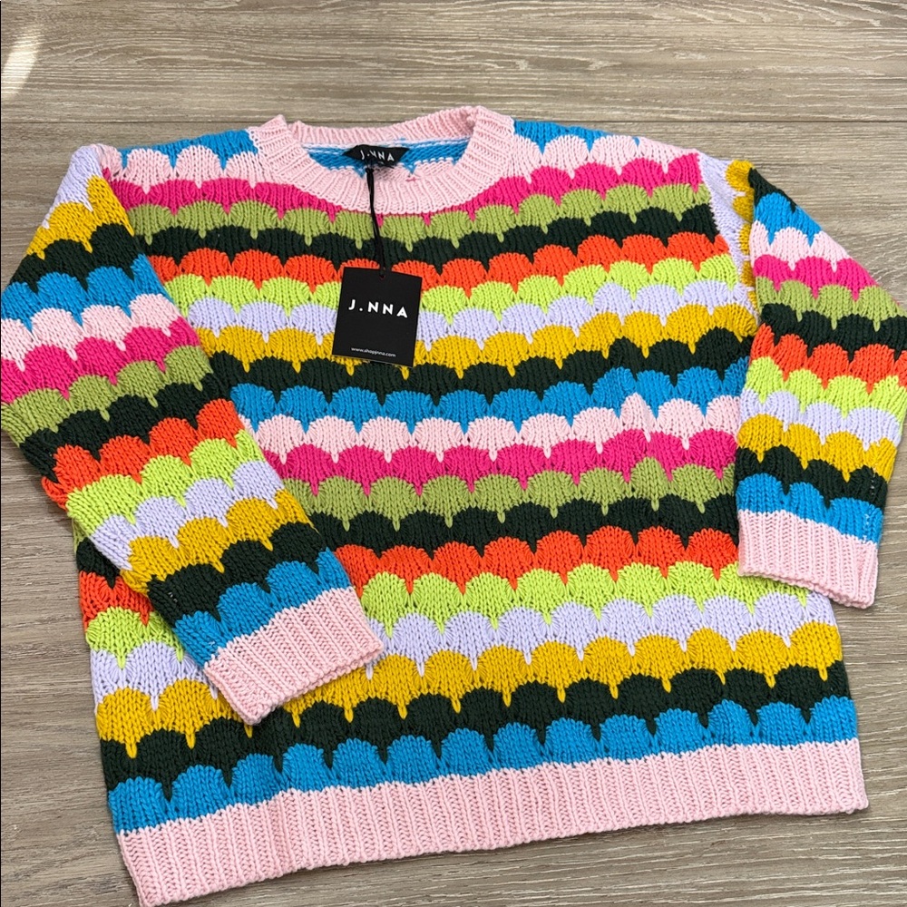 J.NNA Multicolor Scallop Stripe Crewneck Sweater - Pink Base